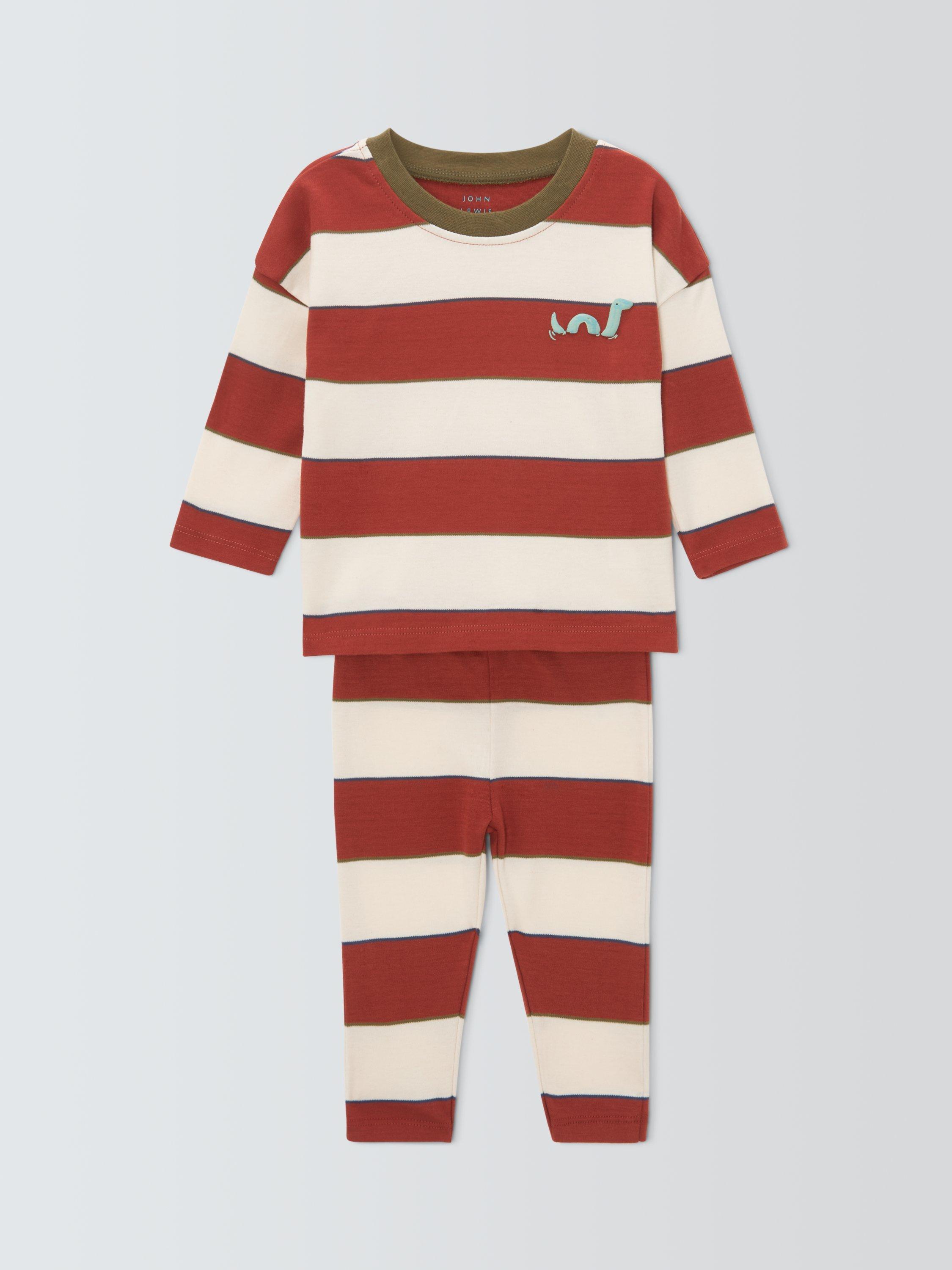 Product image 1 of 3, which shows John Lewis Baby Nessie Stripe Pyjamas, Orange, 9-12 months