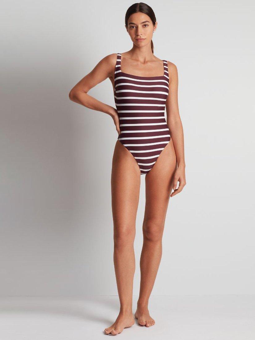 Product image 1 of 4, which shows Ralph Lauren Lago Stripe Swimsuit, Red Claret/Multi, 8