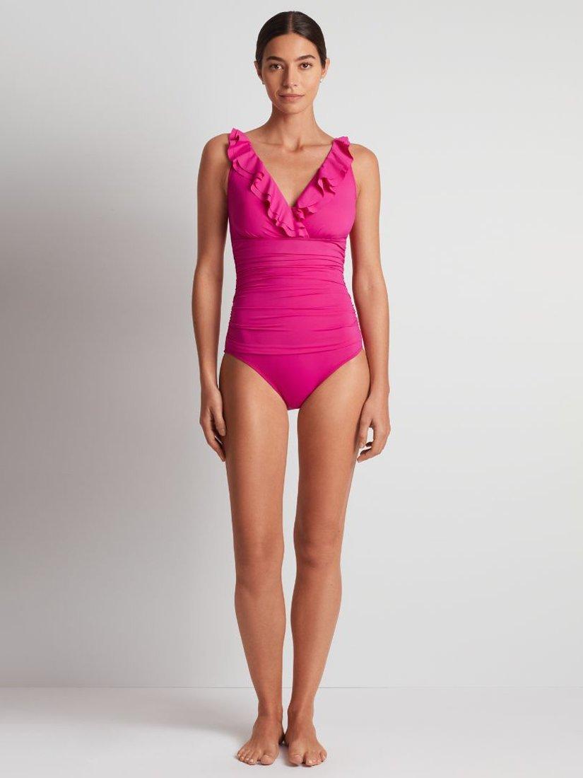Product image 1 of 4, which shows Ralph Lauren Ruffle Front Swimsuit, Freesia Pink, 8
