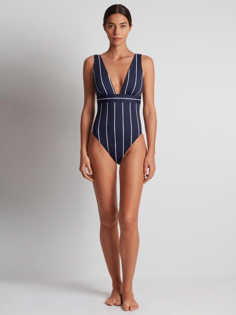 Product image 1 of 4, which shows Ralph Lauren Stripe V-Neck Plunge Swimsuit, Navy/Multi, 8