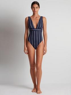 Ralph Lauren Stripe V-Neck Plunge Swimsuit, Navy/Multi, Navy/Multi