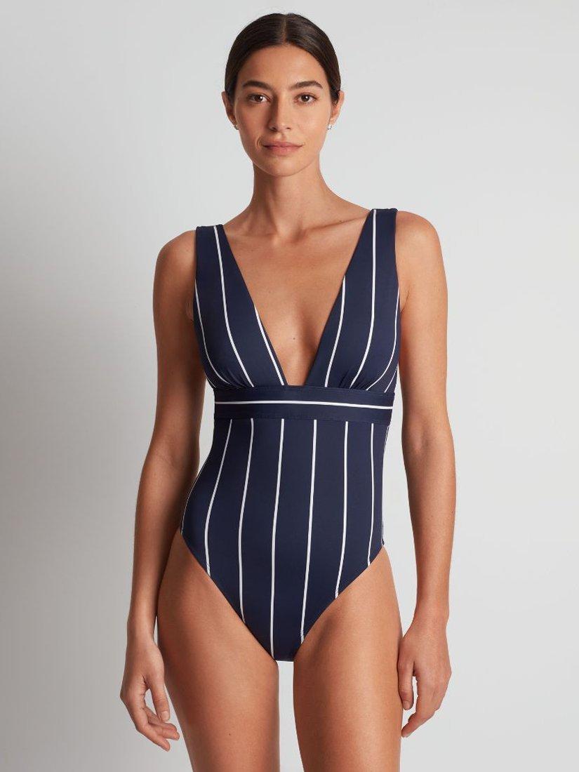 Product image 4 of 4, which shows Ralph Lauren Stripe V-Neck Plunge Swimsuit, Navy/Multi, 8