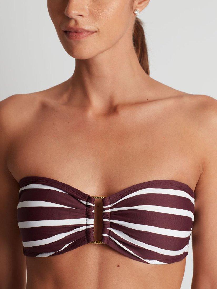 Product image 7 of 7, which shows Ralph Lauren Lago Stripe Ring Bandeau Bikini Top, Red Claret/Multi, 8