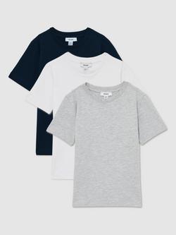Reiss Kids' Honor Cotton Jersey Crew Neck T-Shirts, Pack of 3, White/Soft Grey/Navy, White/Soft Grey/Navy