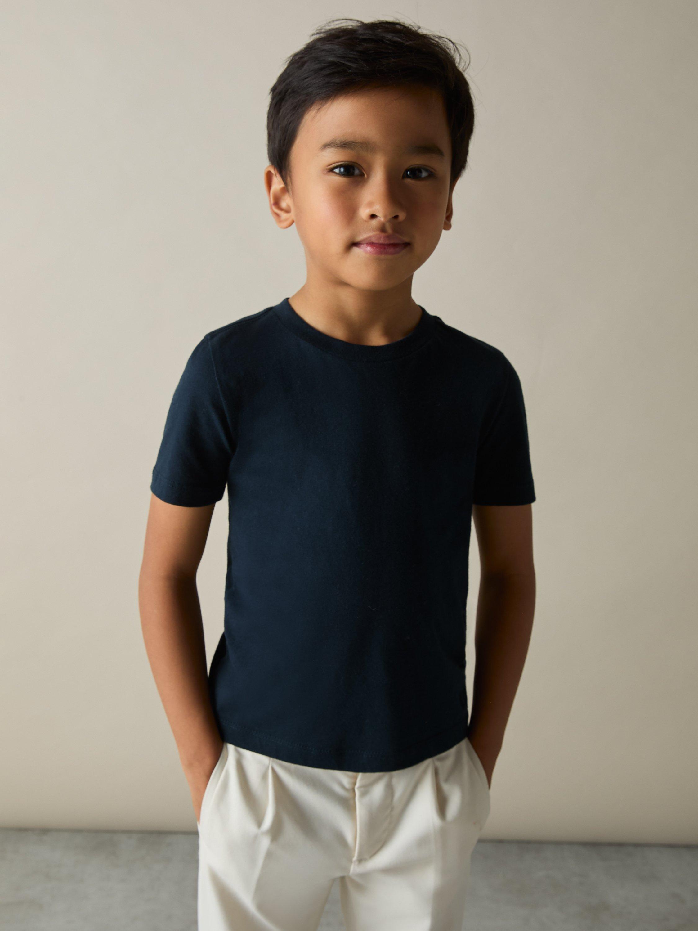 Product image 4 of 5, which shows Reiss Kids' Honor Cotton Jersey Crew Neck T-Shirts, Pack of 3, White/Soft Grey/Navy, 3-4 years