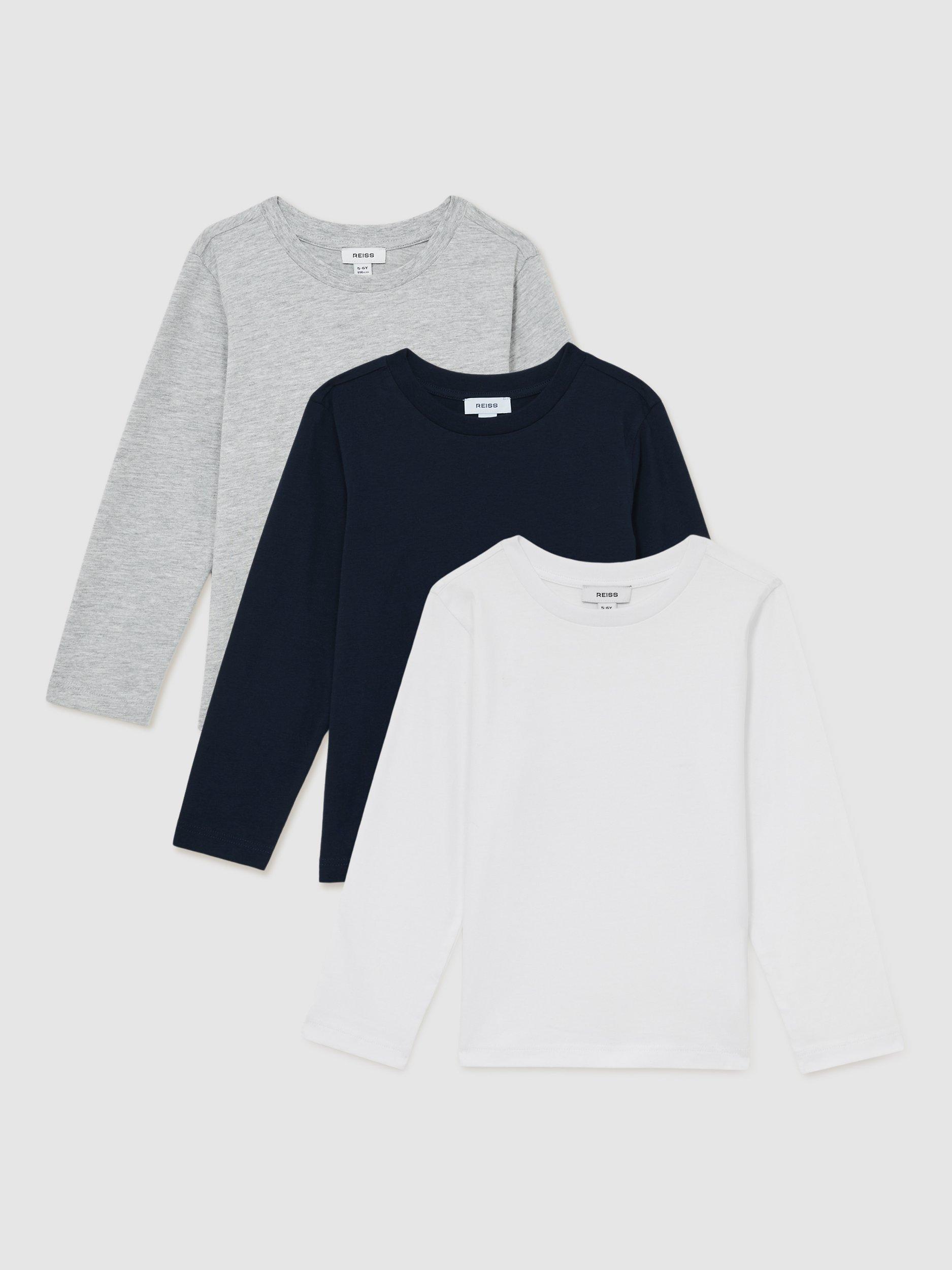 Product image 1 of 5, which shows Reiss Kids' Fort Cotton Jersey Long Sleeve Tops, Pack of 3, White/Soft Grey/Navy, 3-4 years