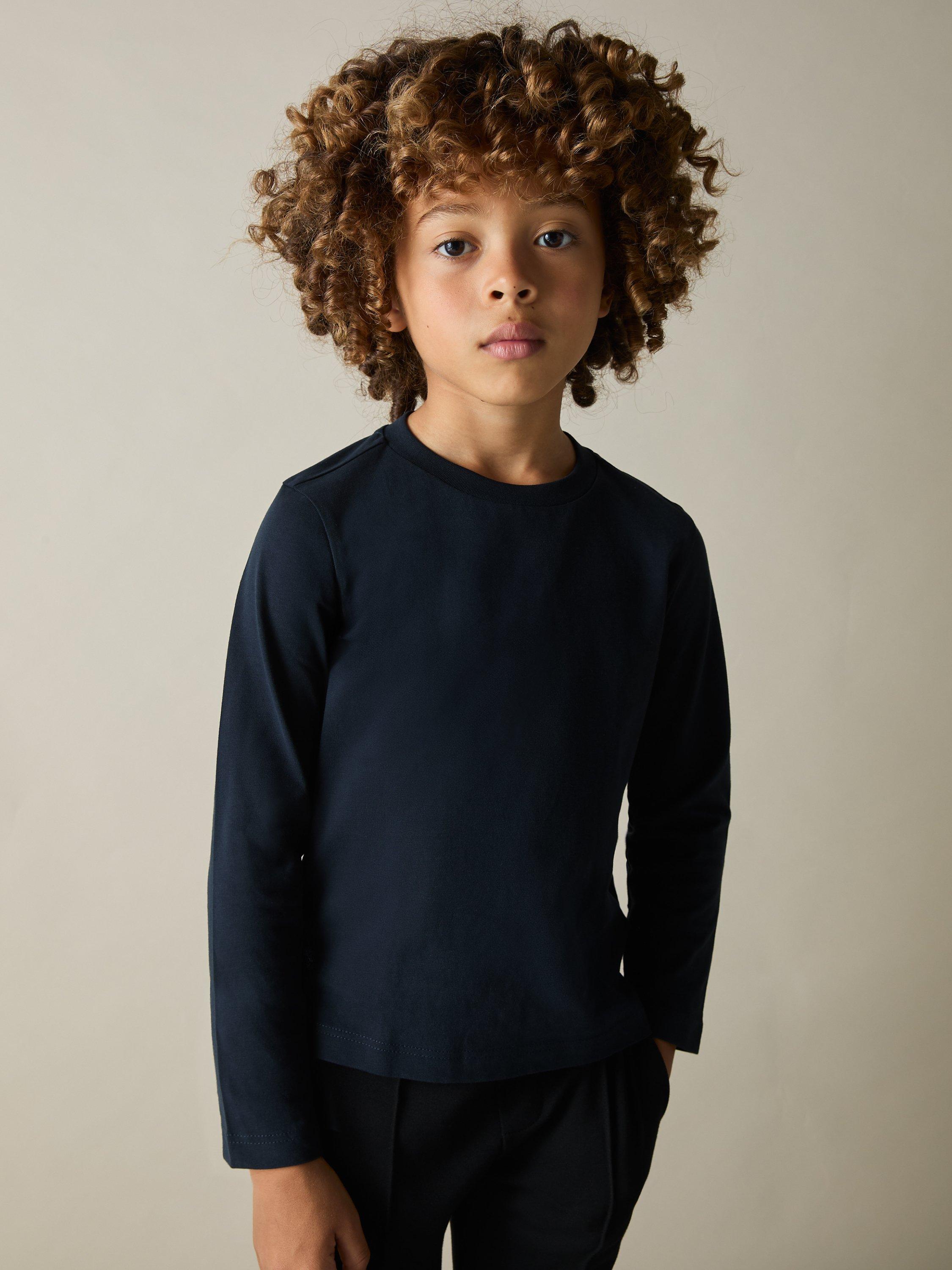 Product image 2 of 5, which shows Reiss Kids' Fort Cotton Jersey Long Sleeve Tops, Pack of 3, White/Soft Grey/Navy, 3-4 years