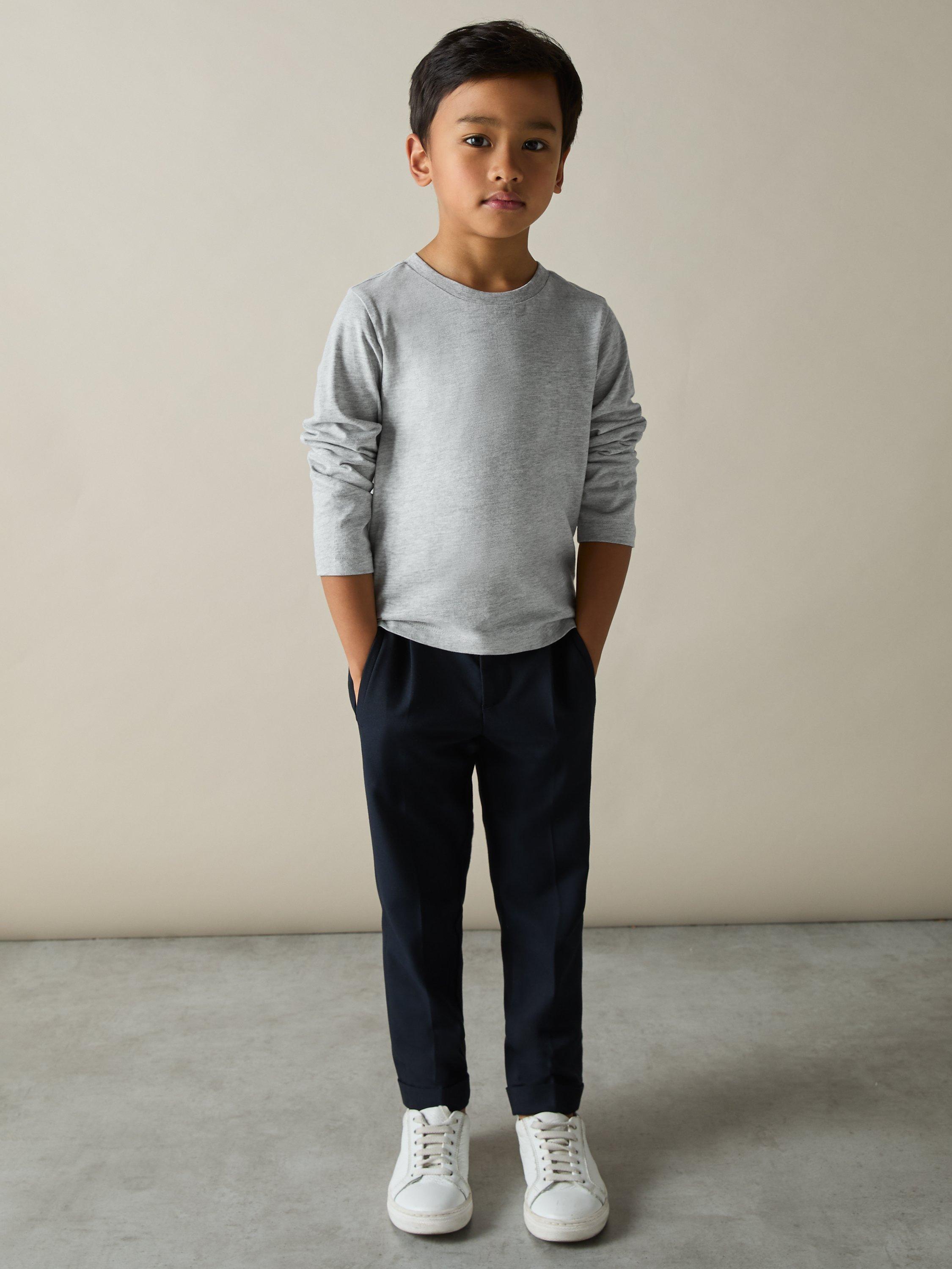 Product image 3 of 5, which shows Reiss Kids' Fort Cotton Jersey Long Sleeve Tops, Pack of 3, White/Soft Grey/Navy, 3-4 years