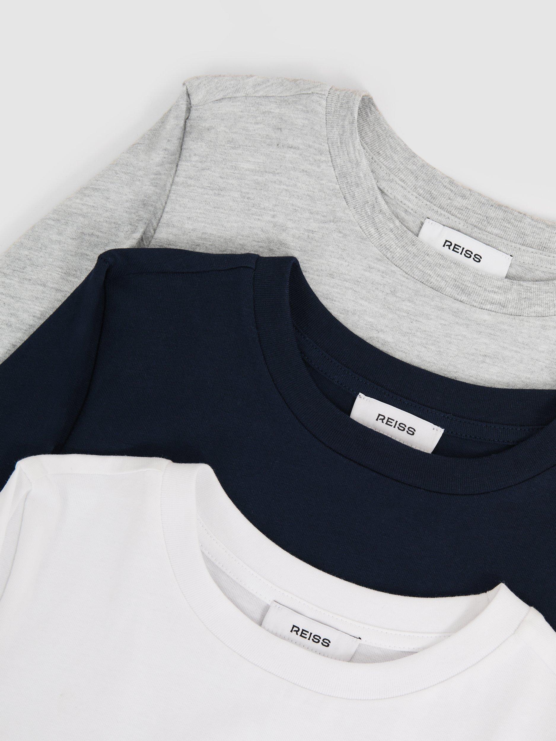Product image 5 of 5, which shows Reiss Kids' Fort Cotton Jersey Long Sleeve Tops, Pack of 3, White/Soft Grey/Navy, 3-4 years
