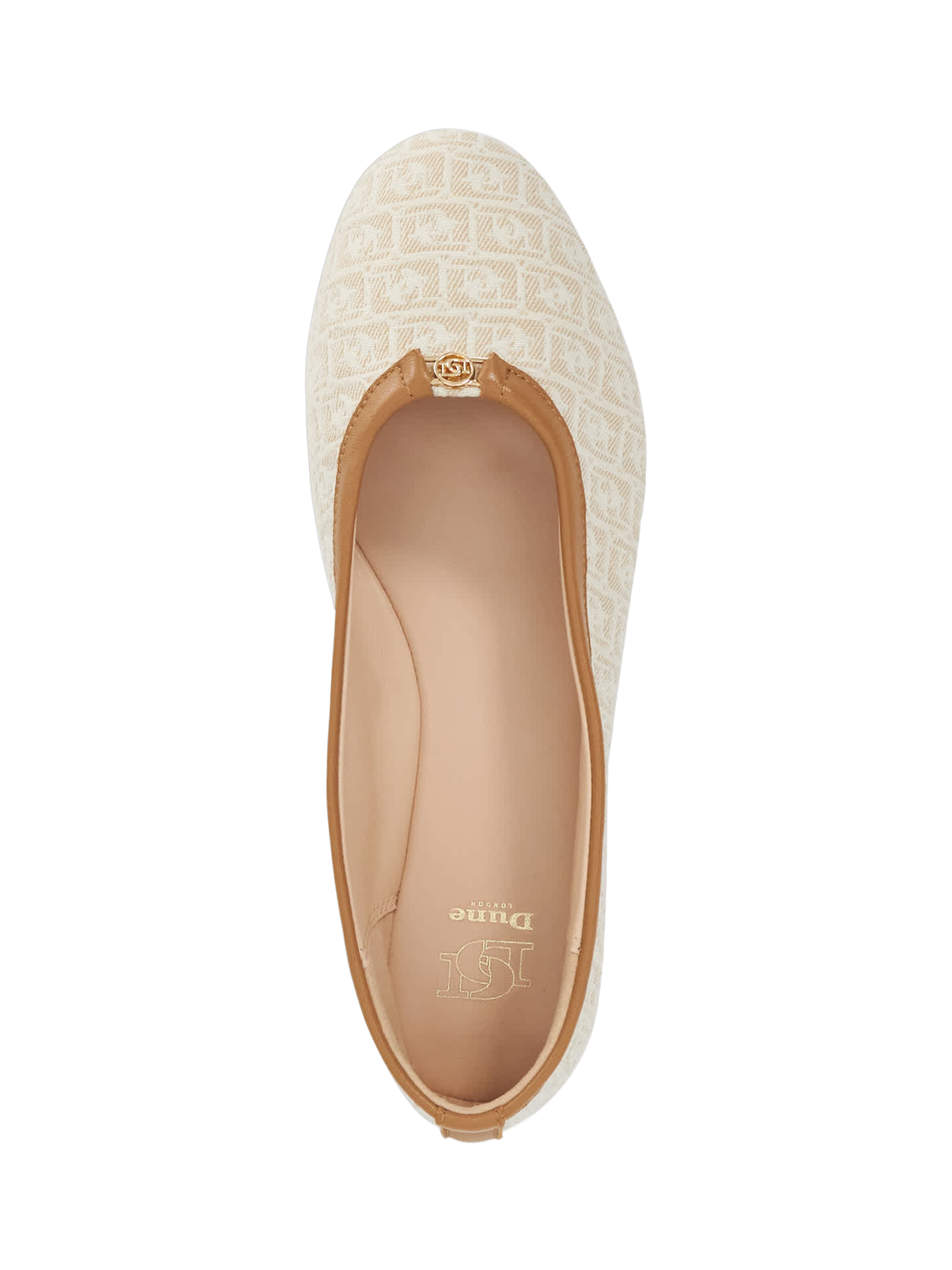 Product image 2 of 5, which shows Dune London Honestly Monogram Ballerina Pumps, Cream, EU38