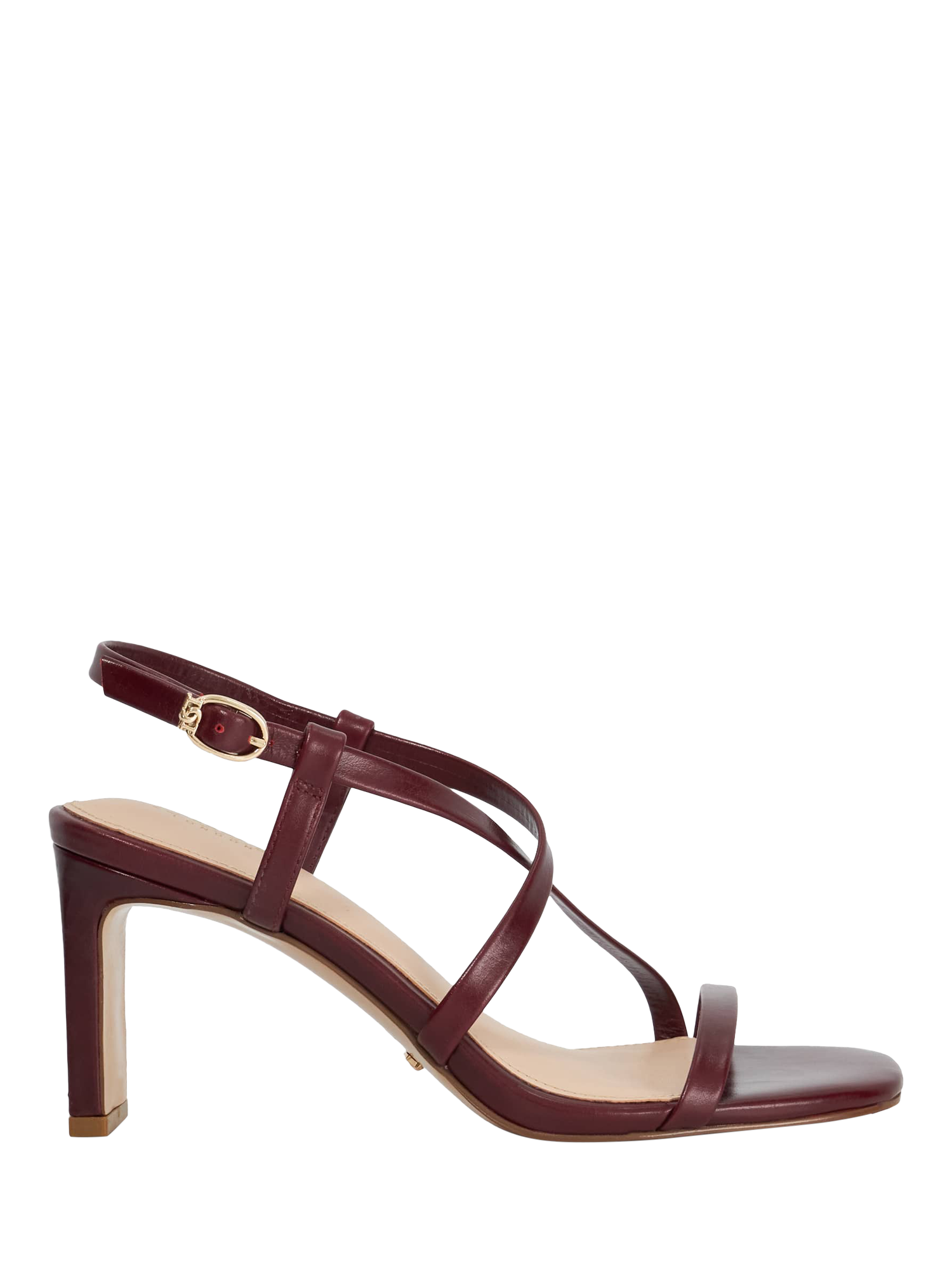 Product image 1 of 5, which shows Dune Motivated Leather Heeled Strappy Sandals, Burgundy, EU36