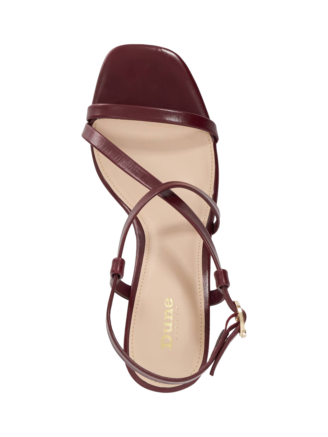 Product image 2 of 5, which shows Dune Motivated Leather Heeled Strappy Sandals, Burgundy, EU36