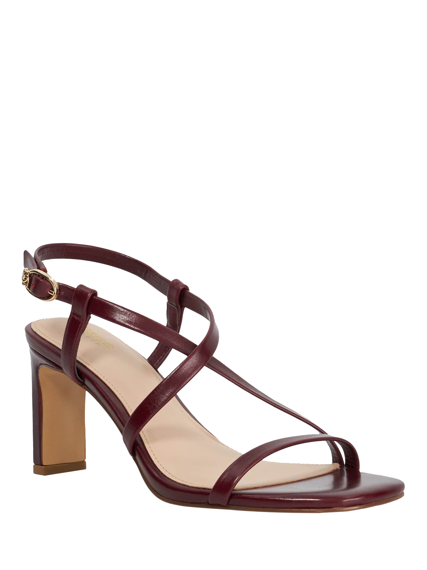 Product image 3 of 5, which shows Dune Motivated Leather Heeled Strappy Sandals, Burgundy, EU36