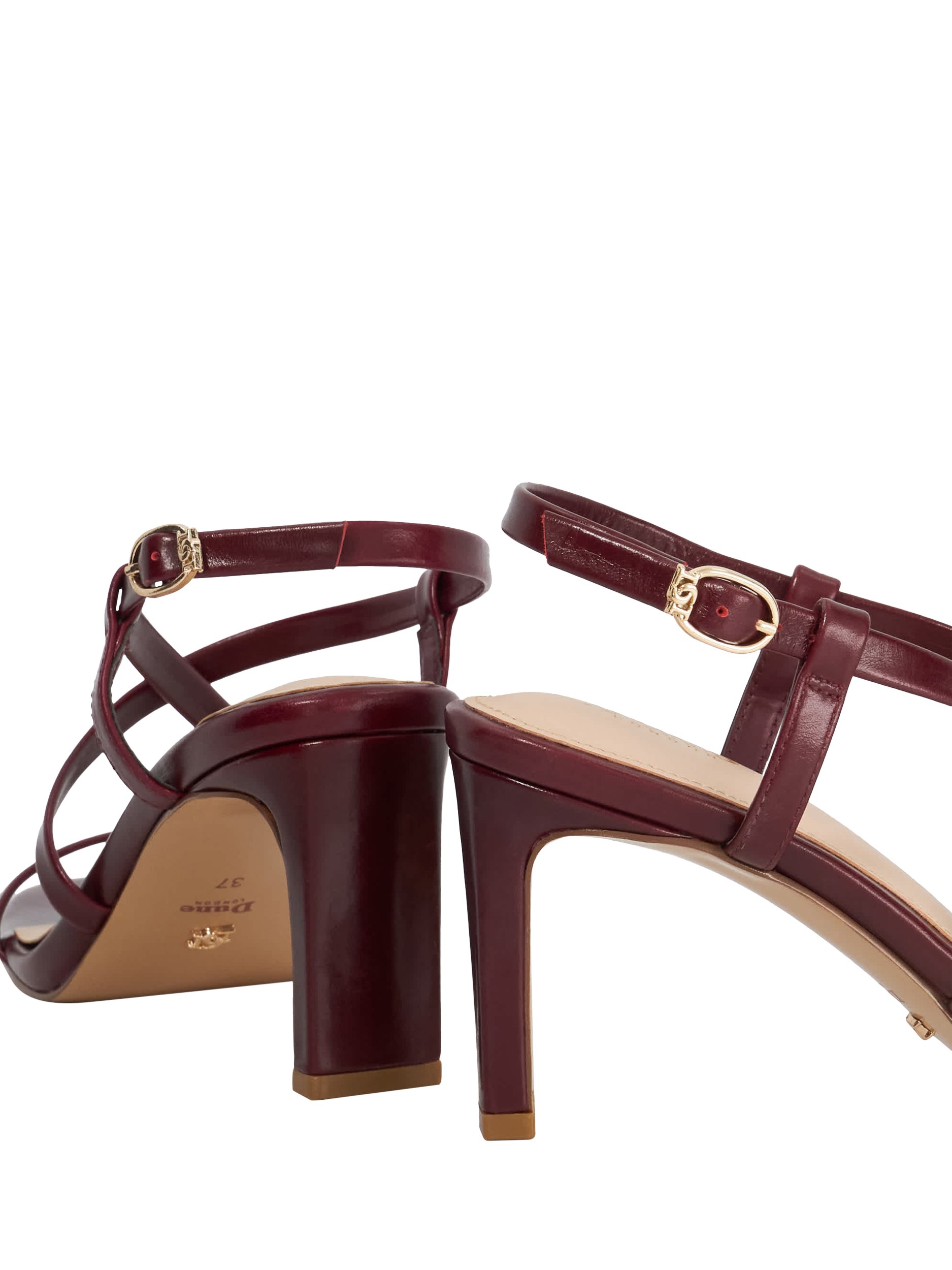 Product image 5 of 5, which shows Dune Motivated Leather Heeled Strappy Sandals, Burgundy, EU36