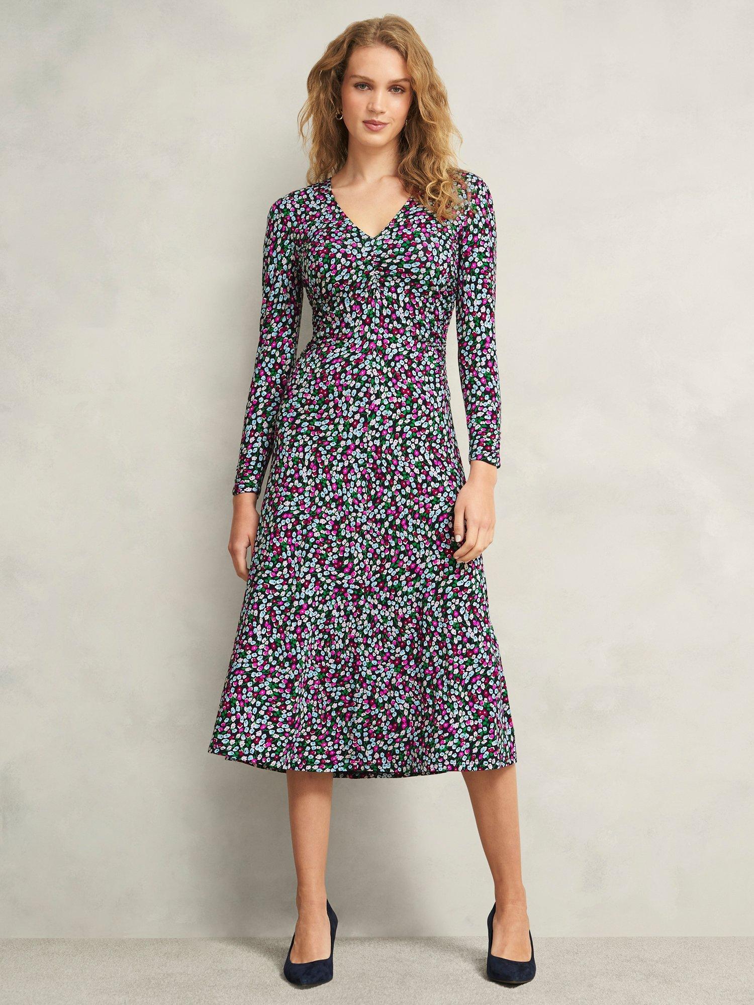 Product image 1 of 6, which shows Hobbs Flo Ditsy Floral Jersey Dress, Pink/Multi, 10