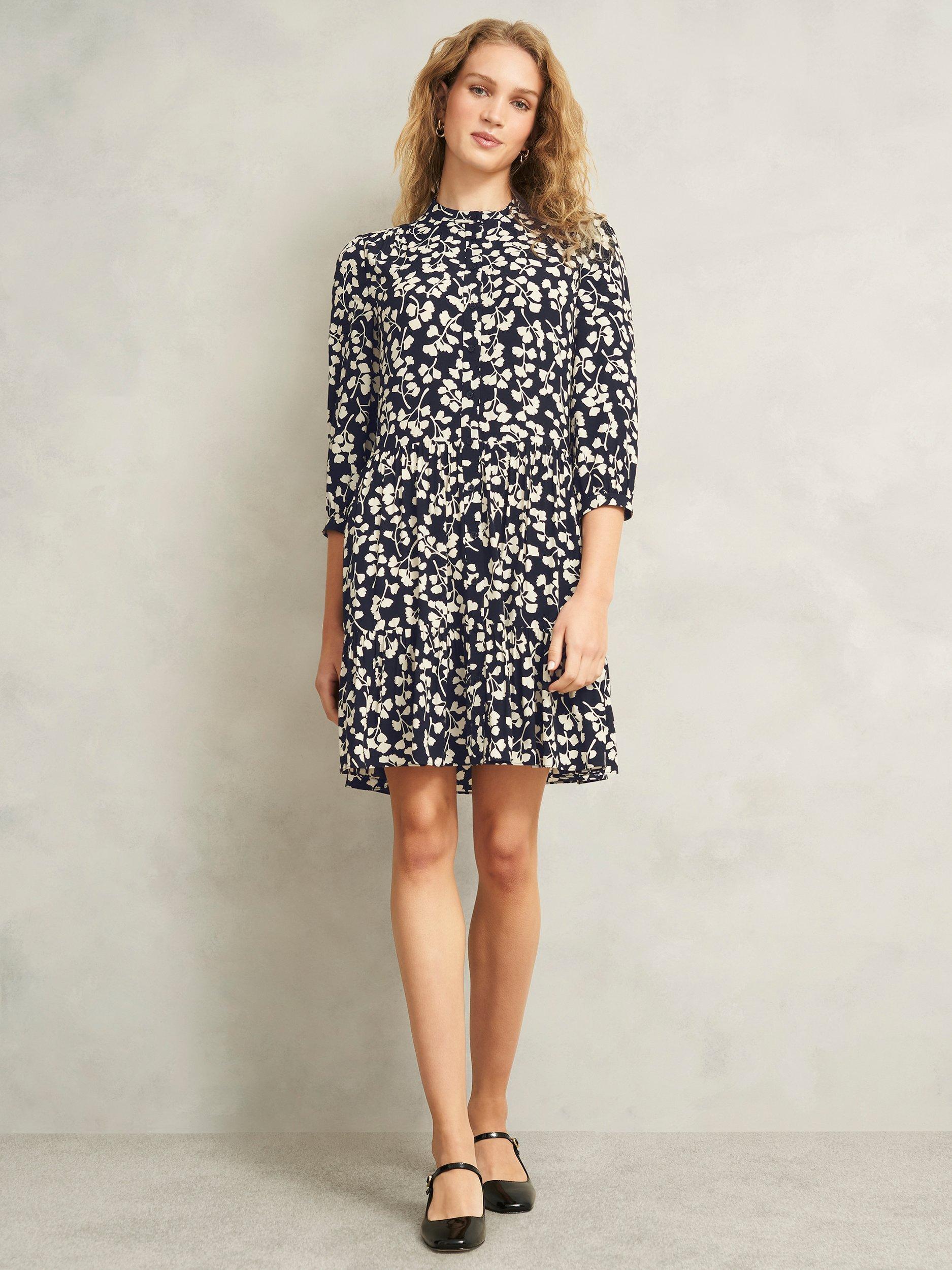 Product image 1 of 7, which shows Hobbs Lacey Floral Dress, Navy/Cream, 20