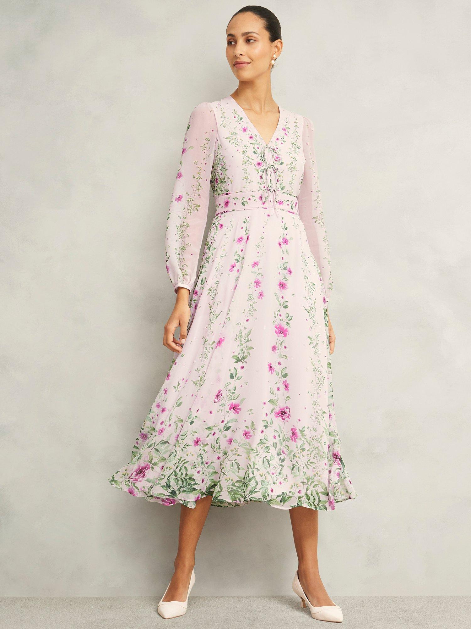 Product image 1 of 4, which shows Hobbs Petite Fay Floral Pure Silk Dress, Pink/Multi, 10
