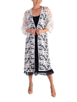 chesca Cascading Floral Embroidered Mesh Coat, White, White