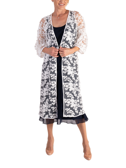 chesca Cascading Floral Embroidered Mesh Coat, White, White