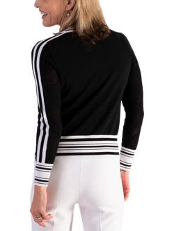 chesca Stripe Edge Zip Front Cardigan, Black/White - view 2, Black/White