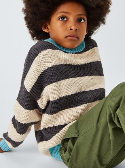 John Lewis Kids' Contrast Edge Stripe Jumper, Mono Stripe - view 2, Mono Stripe