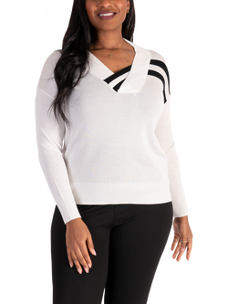chesca Contrast Stripe V-Neck Jumper, White/Black, White/Black