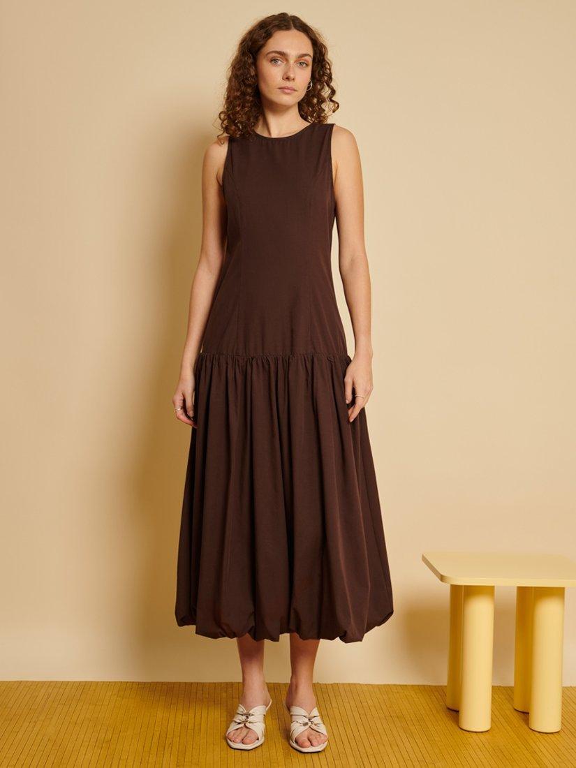 Product image 1 of 6, which shows GHOSPELL Maryam Bubble Hem Midi Dress, Brown, 6