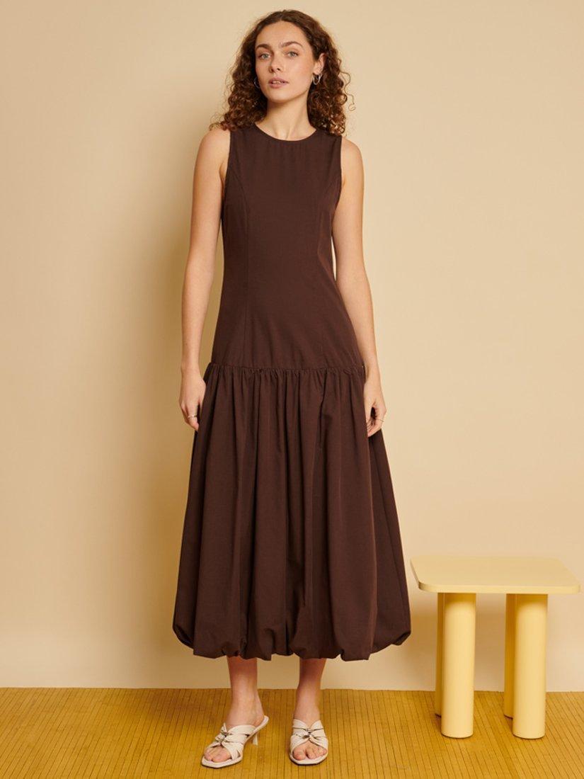 Product image 2 of 6, which shows GHOSPELL Maryam Bubble Hem Midi Dress, Brown, 6