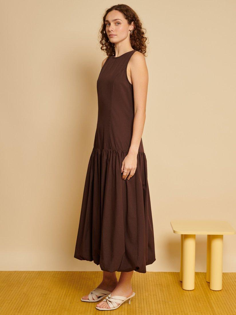 Product image 3 of 6, which shows GHOSPELL Maryam Bubble Hem Midi Dress, Brown, 6