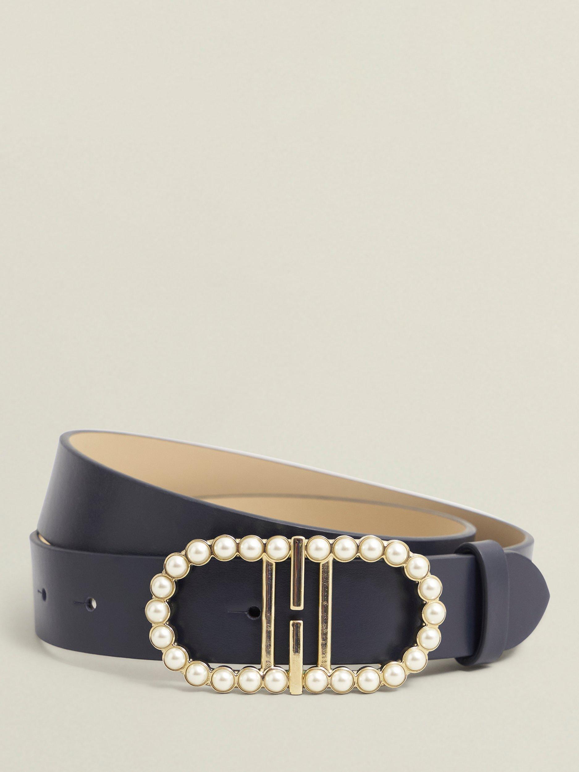 Product image 1 of 3, which shows Hobbs Keira Faux Pearl Leather Belt, Midnight Navy, L