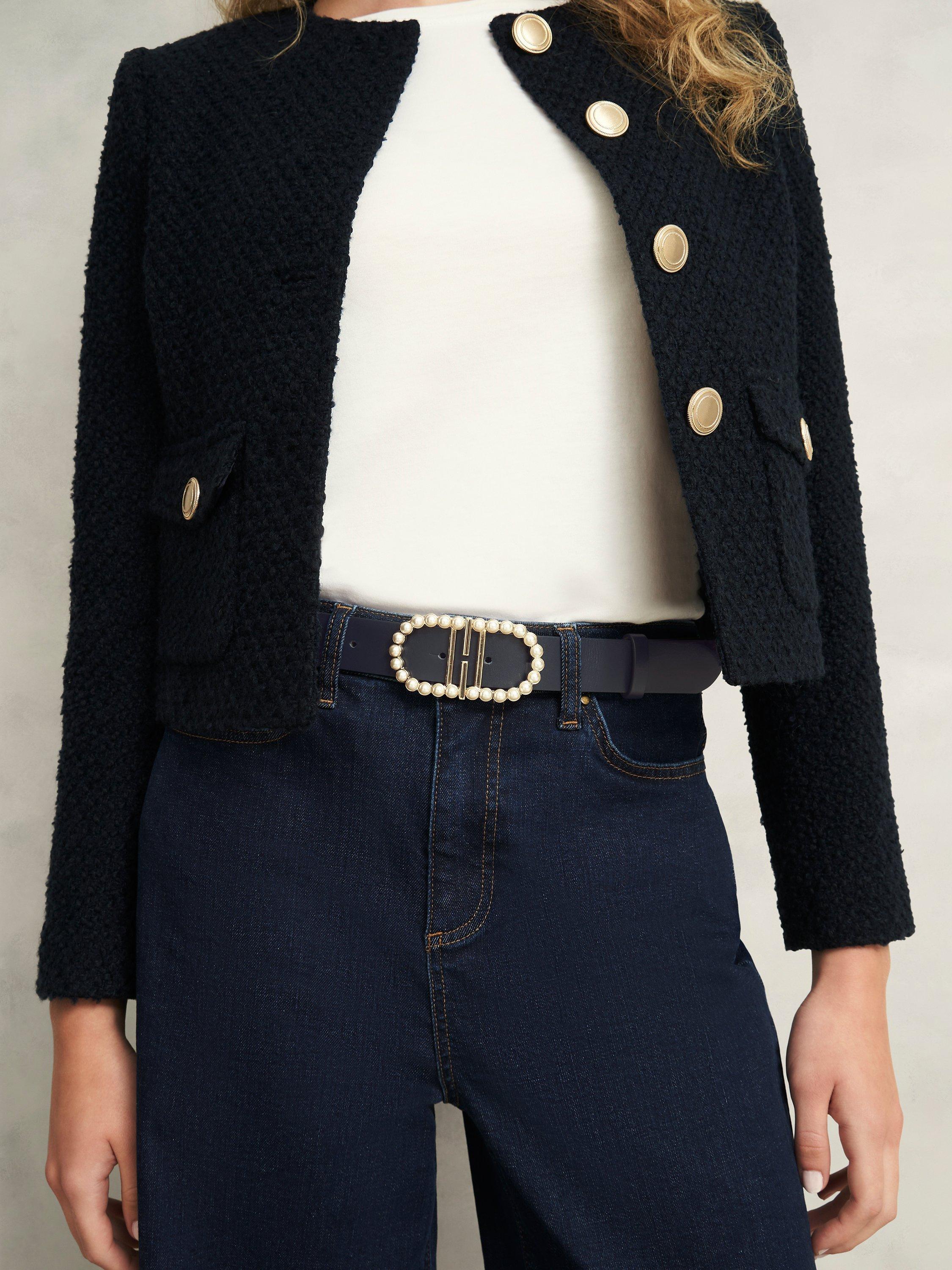 Product image 2 of 3, which shows Hobbs Keira Faux Pearl Leather Belt, Midnight Navy, L