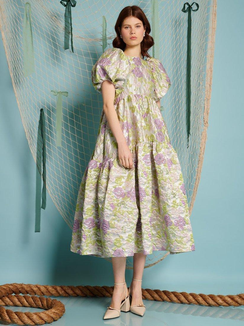 Product image 1 of 2, which shows Sister Jane Anamaria Puff Sleeve Floral Jacquard Midi Dress, Lilac, 6