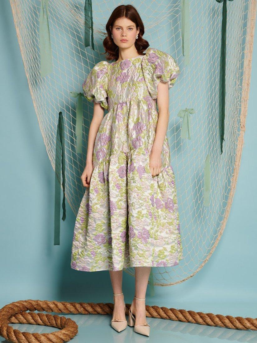 Product image 2 of 2, which shows Sister Jane Anamaria Puff Sleeve Floral Jacquard Midi Dress, Lilac, 6