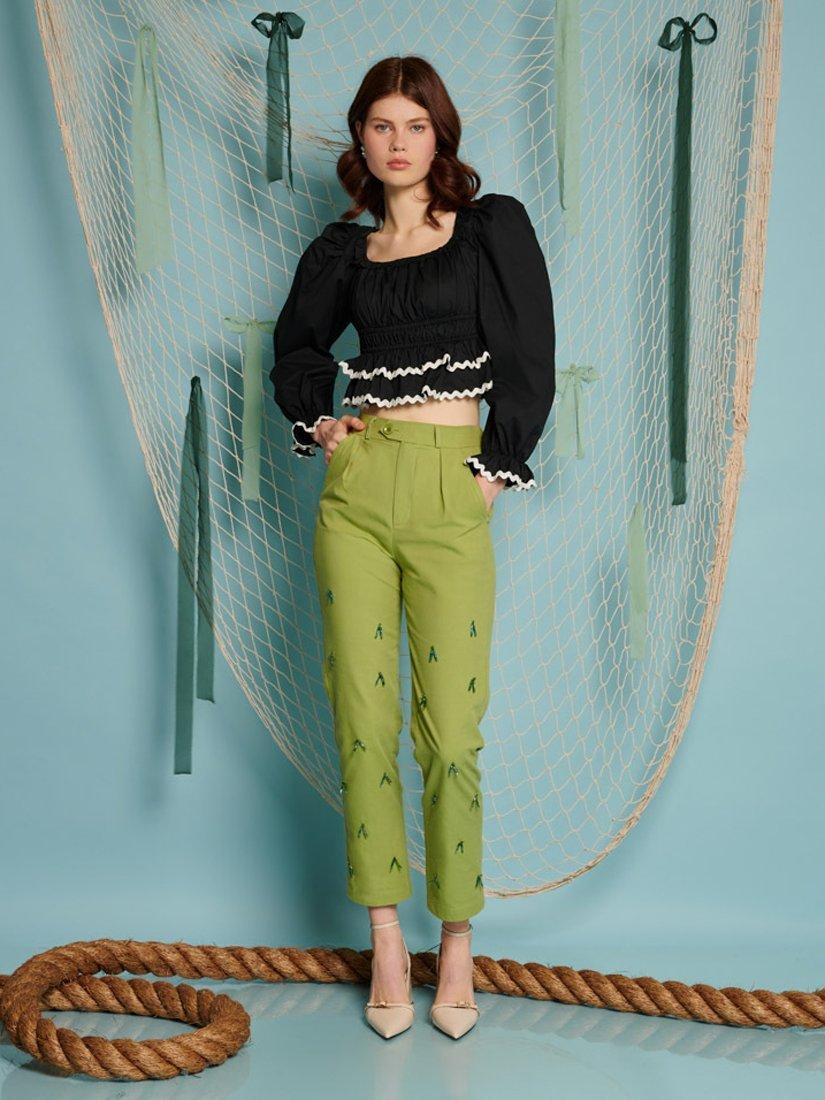 Product image 1 of 4, which shows Sister Jane Albert Beaded Tapered Trousers, Green, XS-S