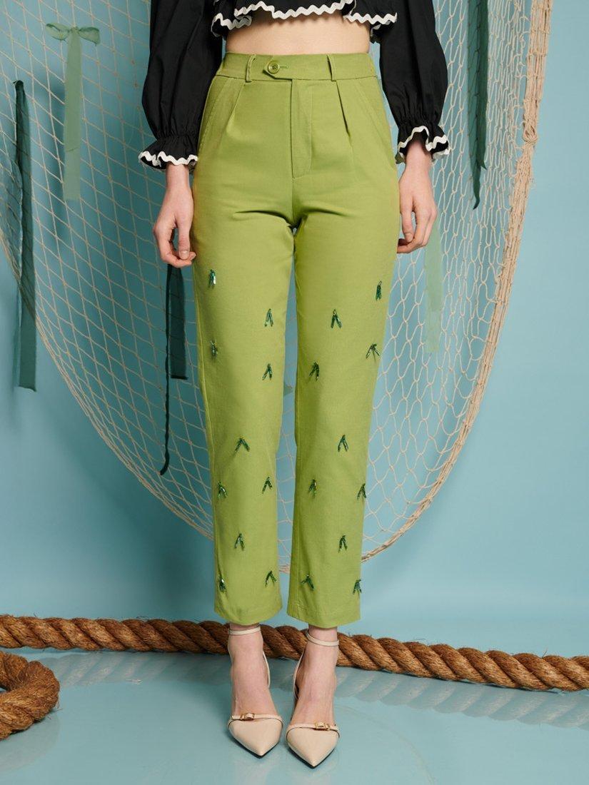 Product image 2 of 4, which shows Sister Jane Albert Beaded Tapered Trousers, Green, XS-S