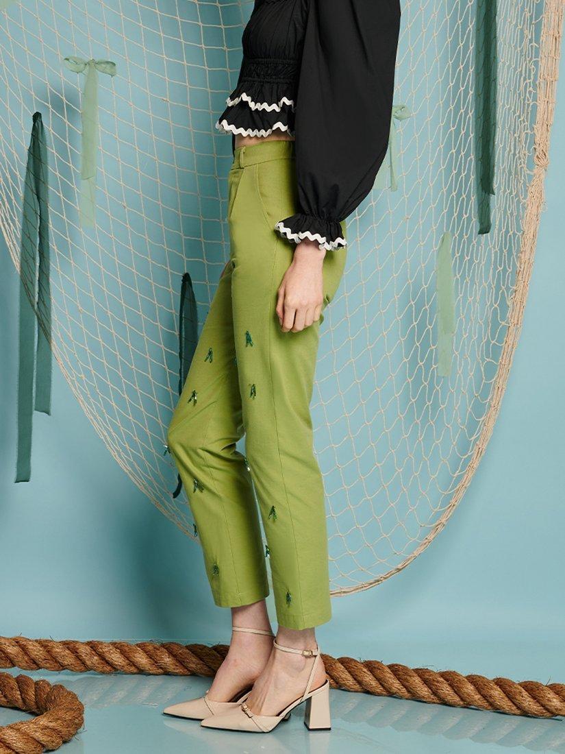 Product image 3 of 4, which shows Sister Jane Albert Beaded Tapered Trousers, Green, XS-S