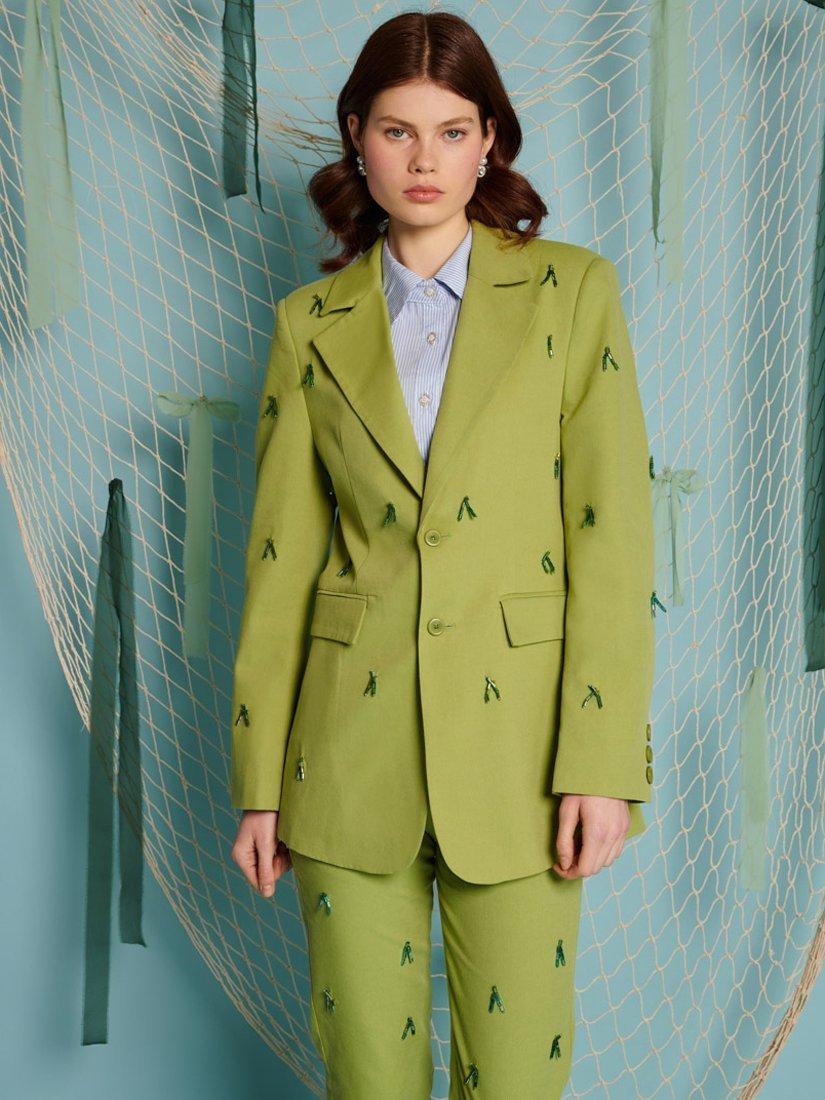 Product image 1 of 5, which shows Sister Jane Albert Beaded Cotton Blend Blazer, Green, XS-S