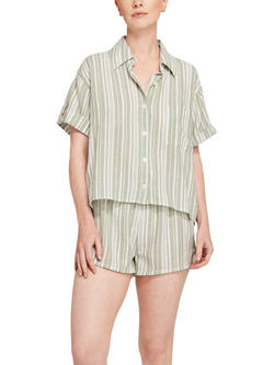 Nudea GOTS Organic Cotton Stripe Short Sleeve Pyjama Shirt, Sage Stripe