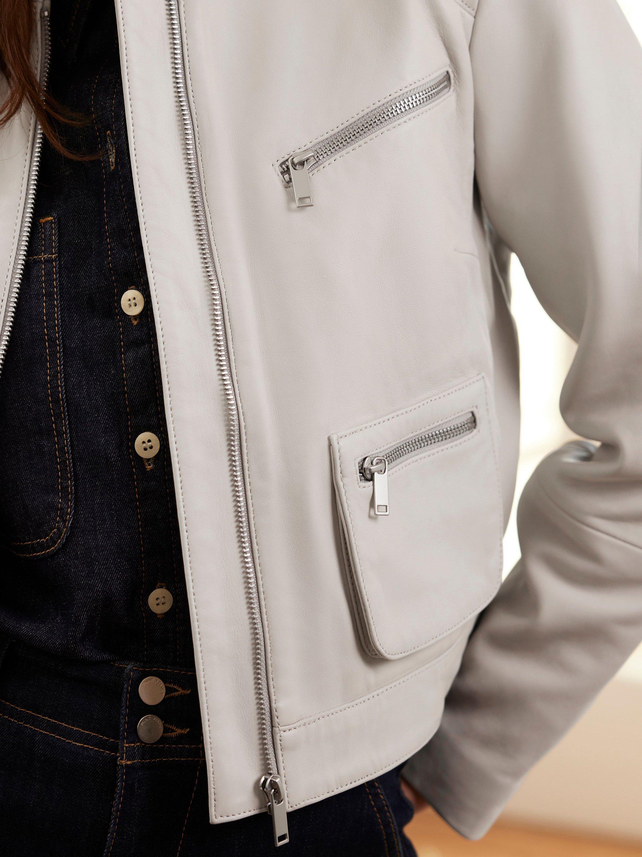 Product image 3 of 7, which shows Mint Velvet Zip Pockets Leather Jacket, Natural, M