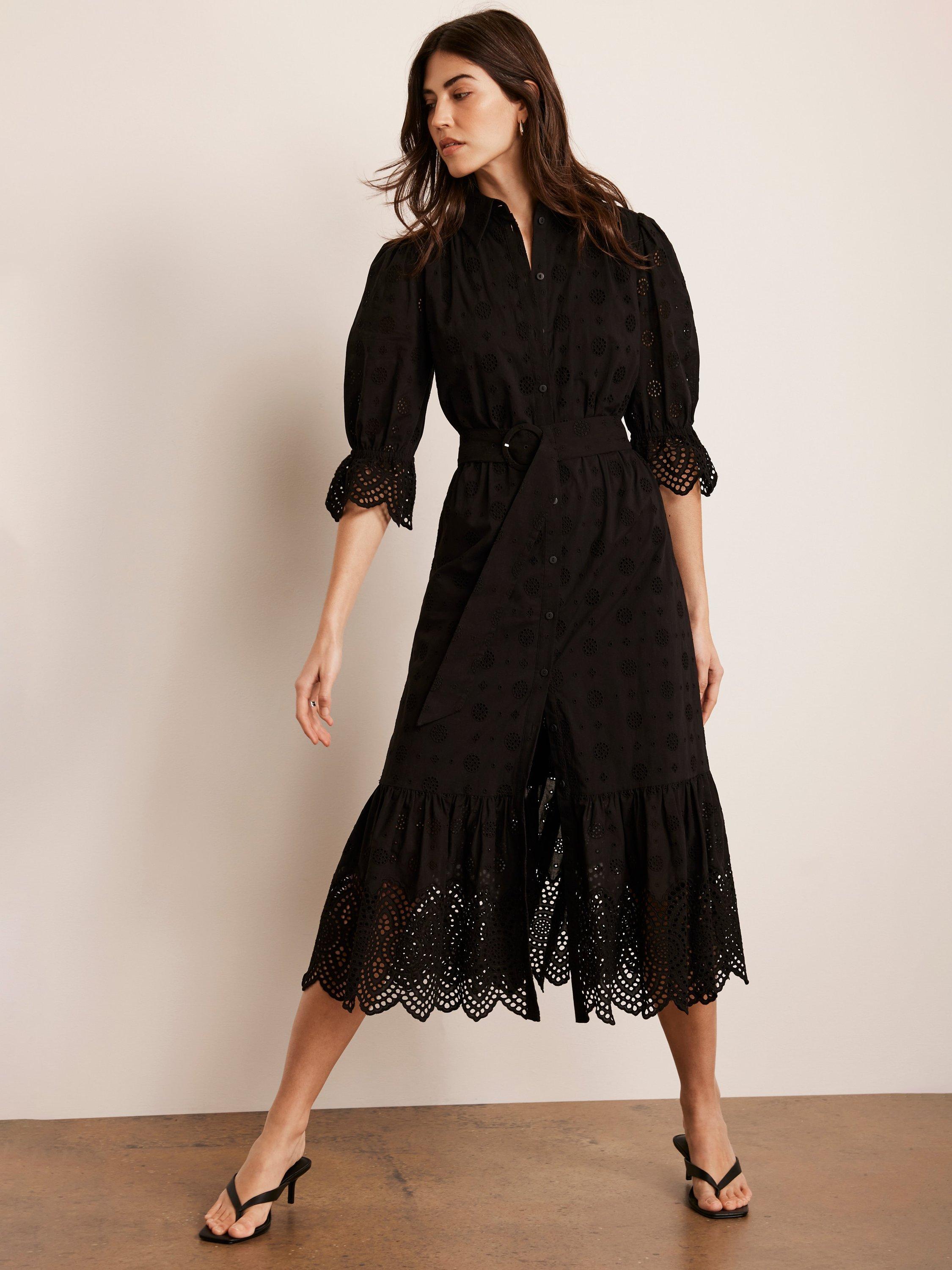 Product image 1 of 8, which shows Mint Velvet Broderie Anglaise Shirt Midi Dress, Black, 12