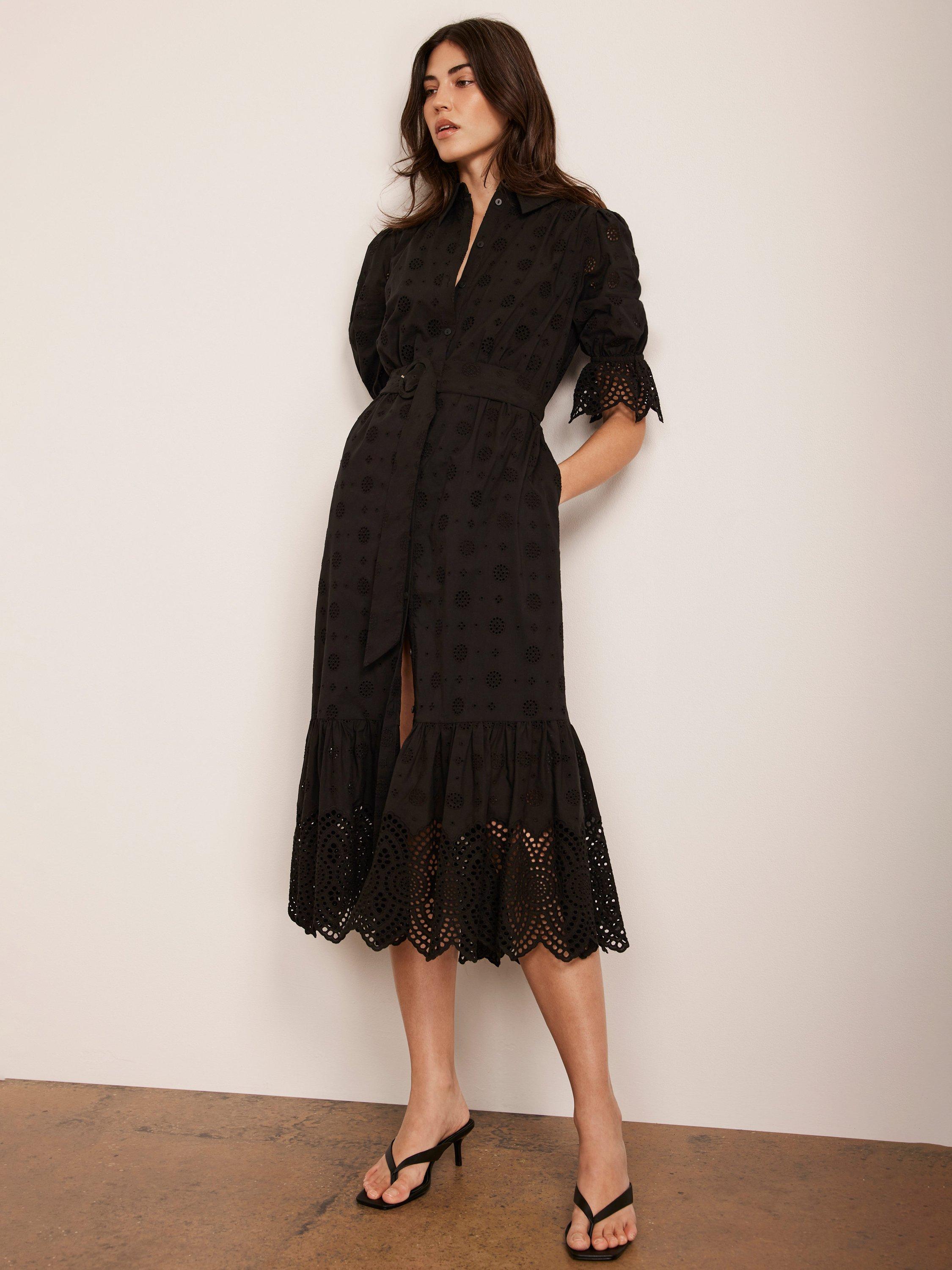 Product image 2 of 8, which shows Mint Velvet Broderie Anglaise Shirt Midi Dress, Black, 12