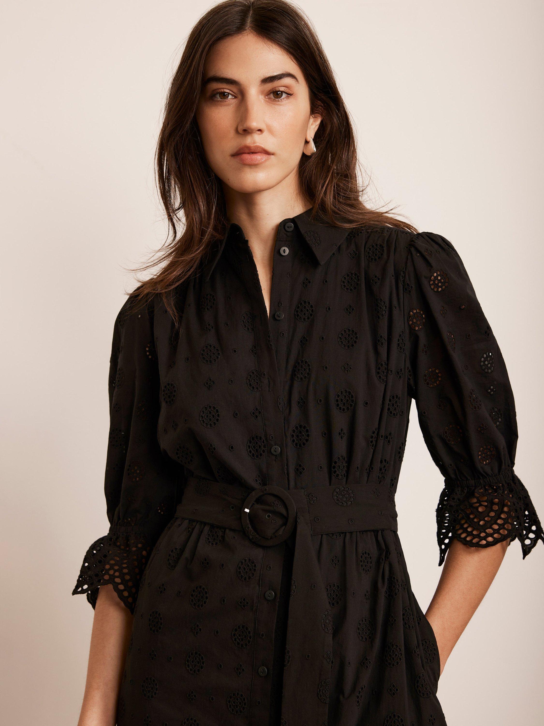 Product image 3 of 8, which shows Mint Velvet Broderie Anglaise Shirt Midi Dress, Black, 12