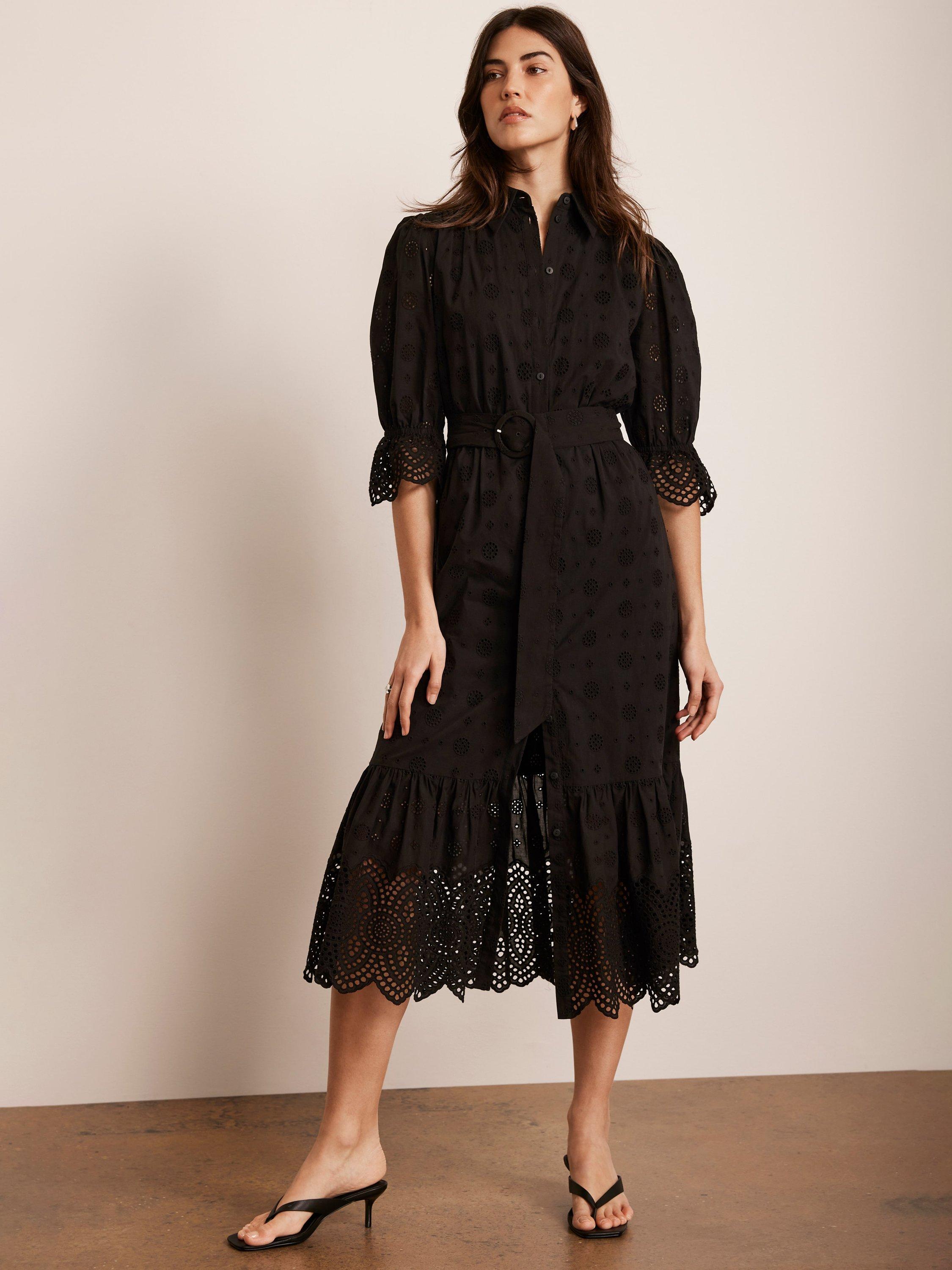 Product image 4 of 8, which shows Mint Velvet Broderie Anglaise Shirt Midi Dress, Black, 12