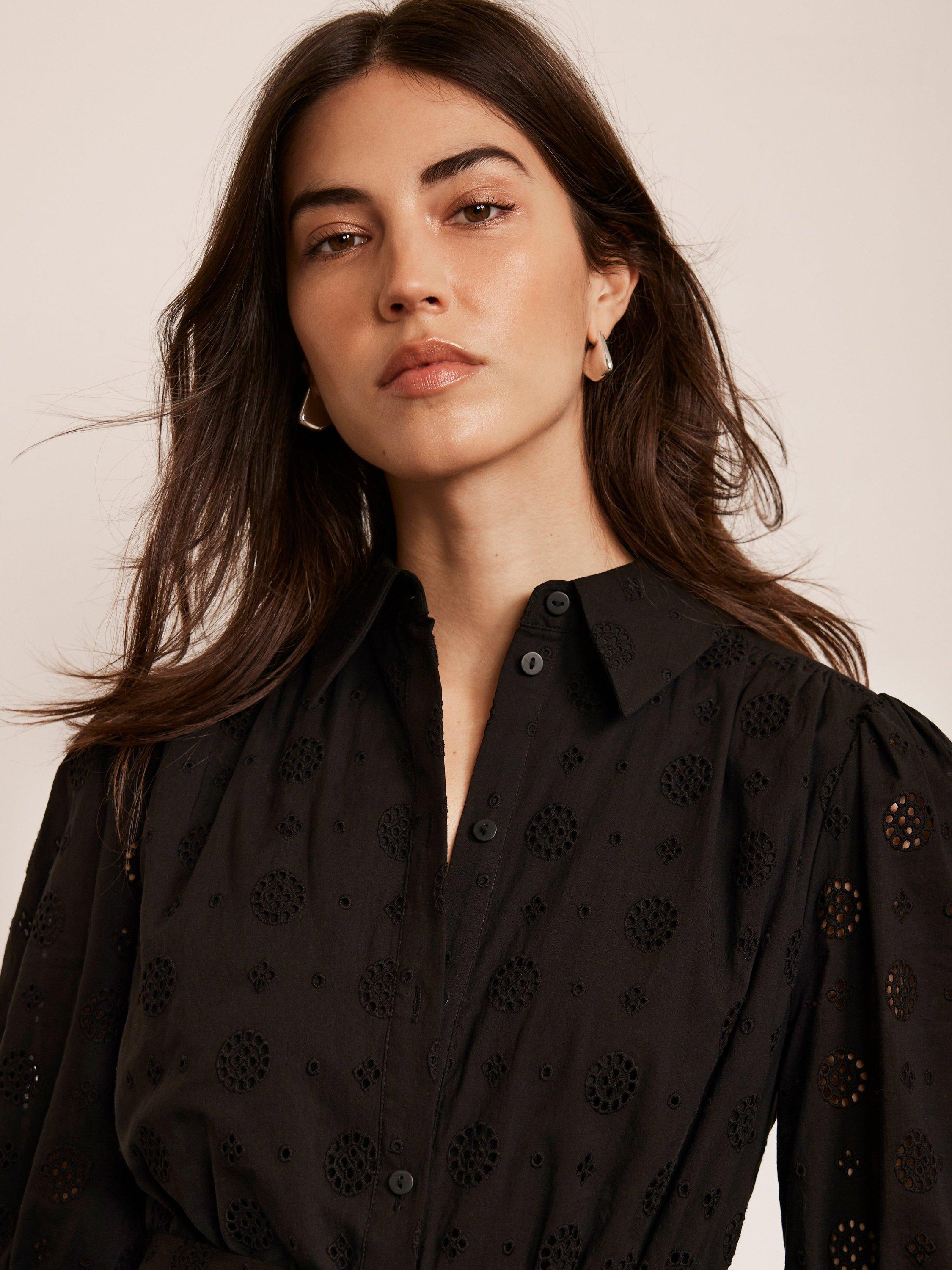 Product image 6 of 8, which shows Mint Velvet Broderie Anglaise Shirt Midi Dress, Black, 12
