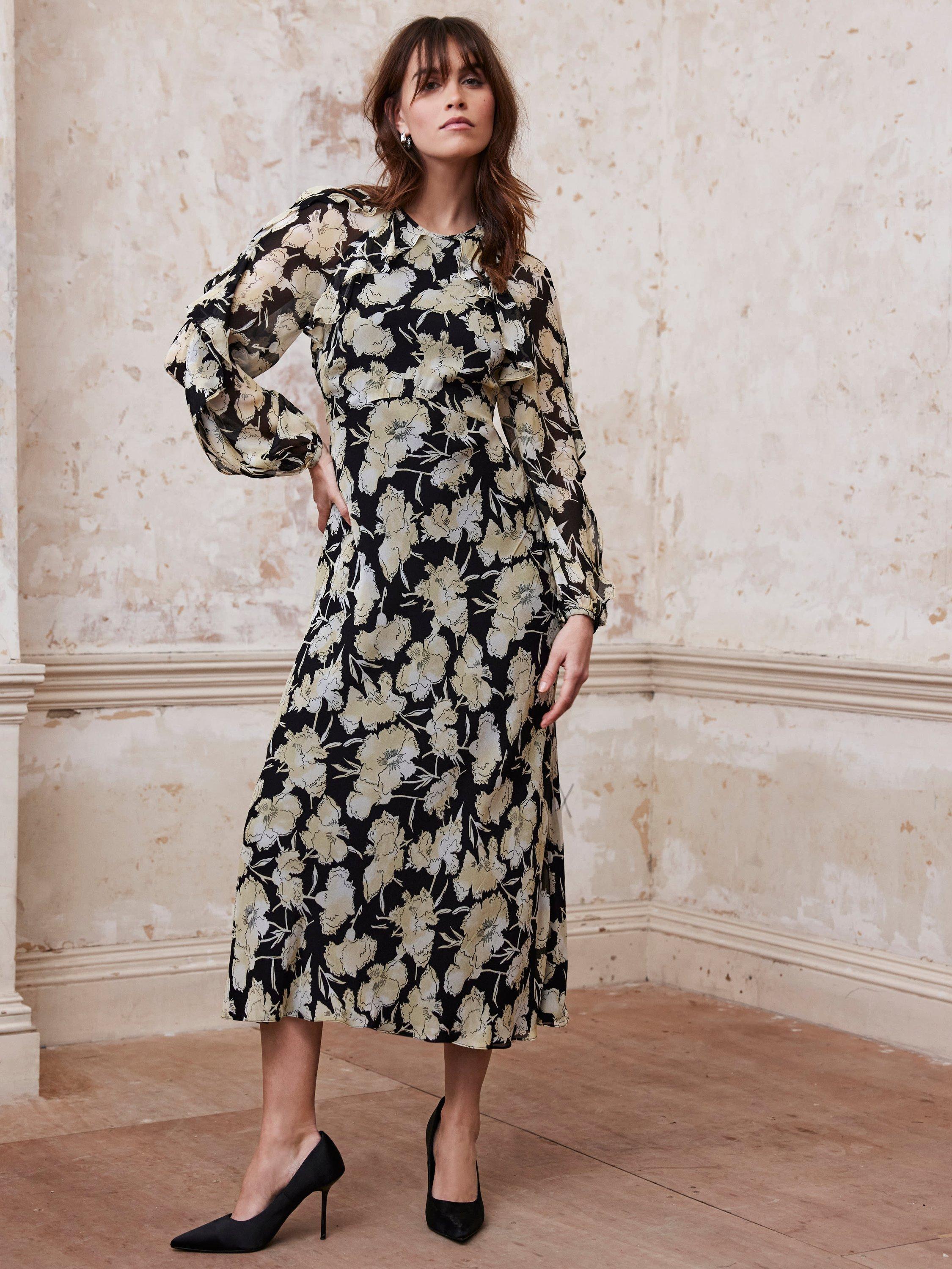 Mint Velvet Floral Print Ruffle Trim Maxi Dress, Black/Multi