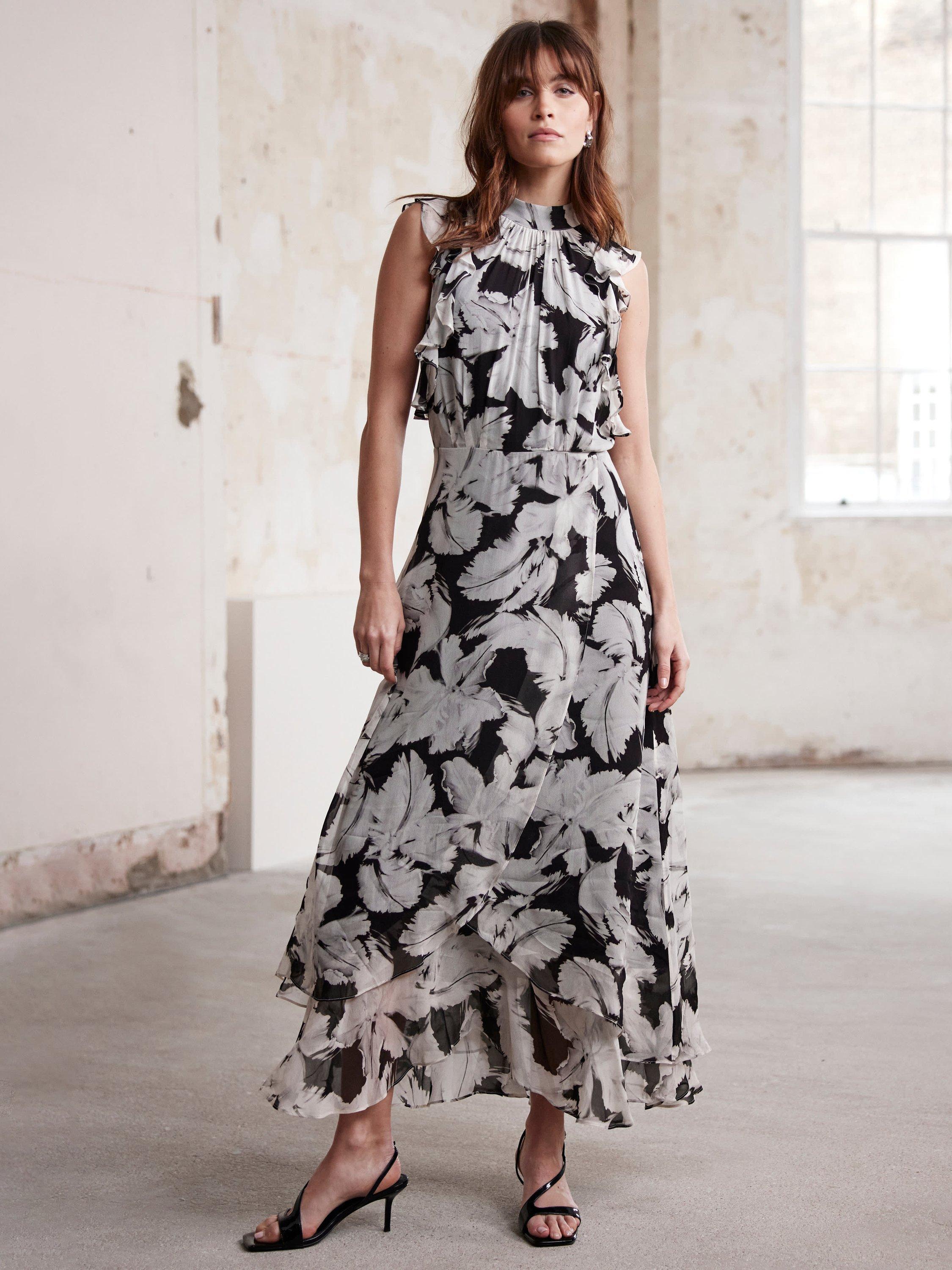 Mint Velvet Feather Print Midi Dress, Black/White