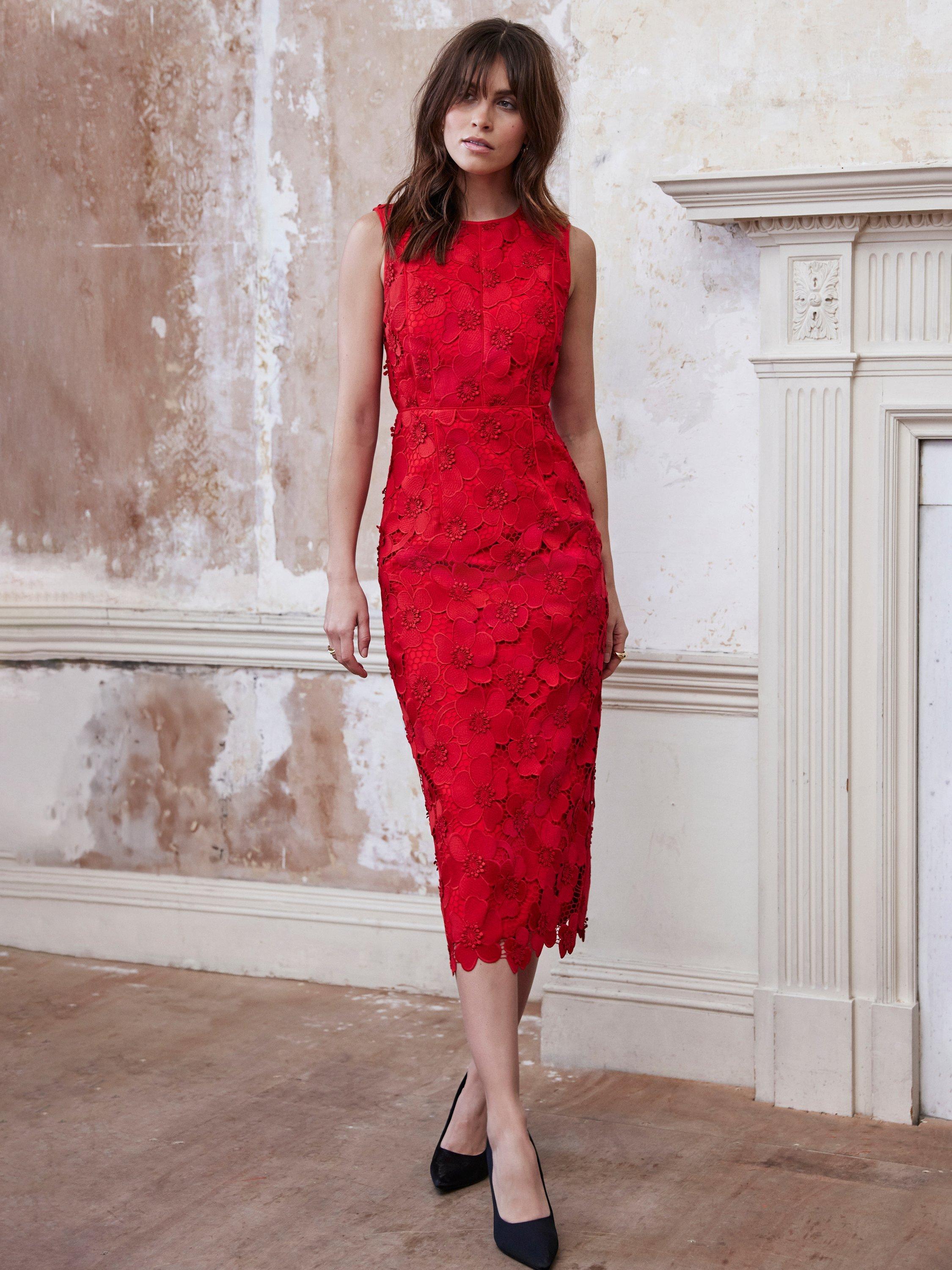 Product image 1 of 8, which shows Mint Velvet Floral Lace Midi Dress, Red, 12