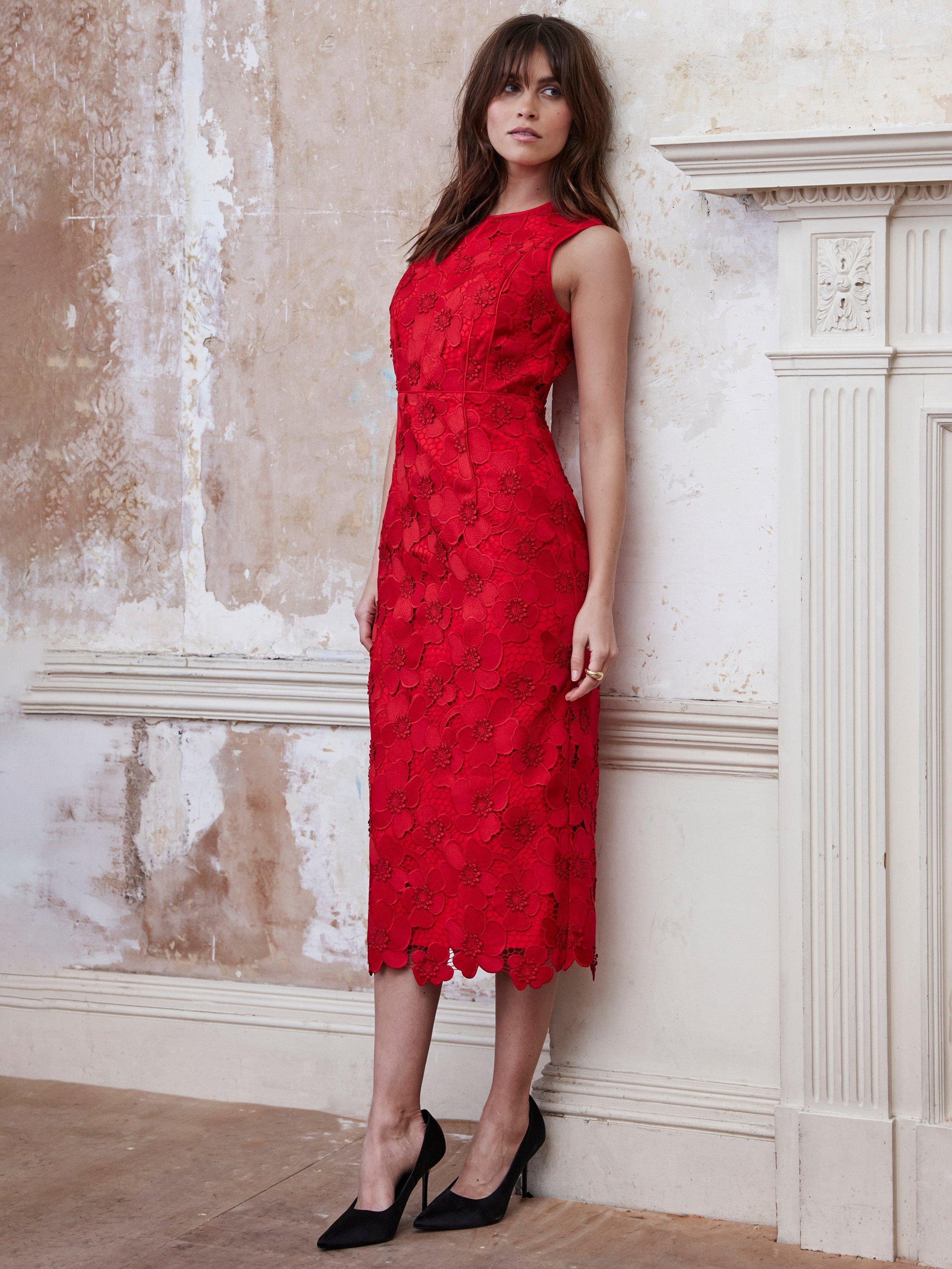 Product image 2 of 8, which shows Mint Velvet Floral Lace Midi Dress, Red, 12