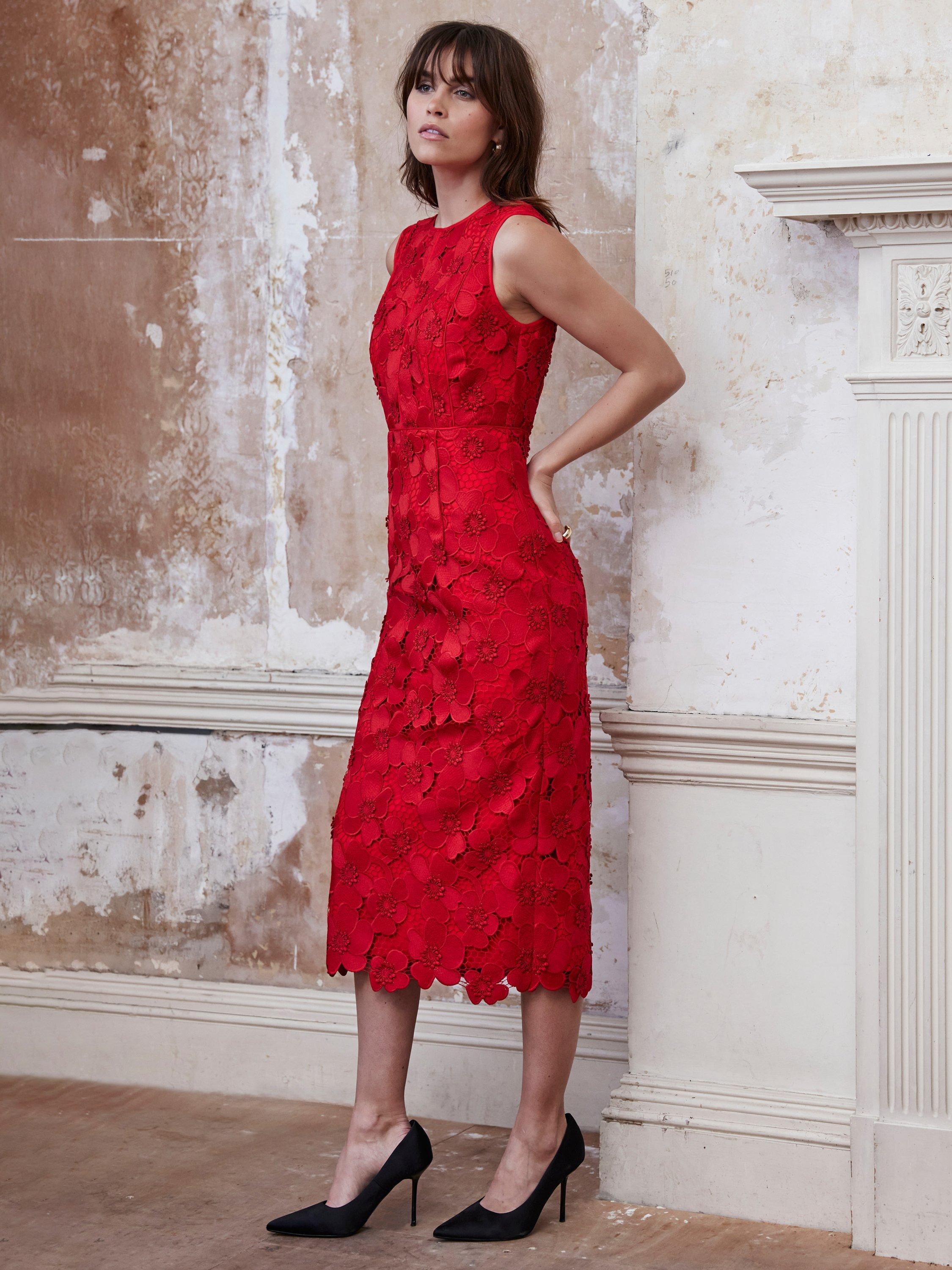 Product image 4 of 8, which shows Mint Velvet Floral Lace Midi Dress, Red, 12