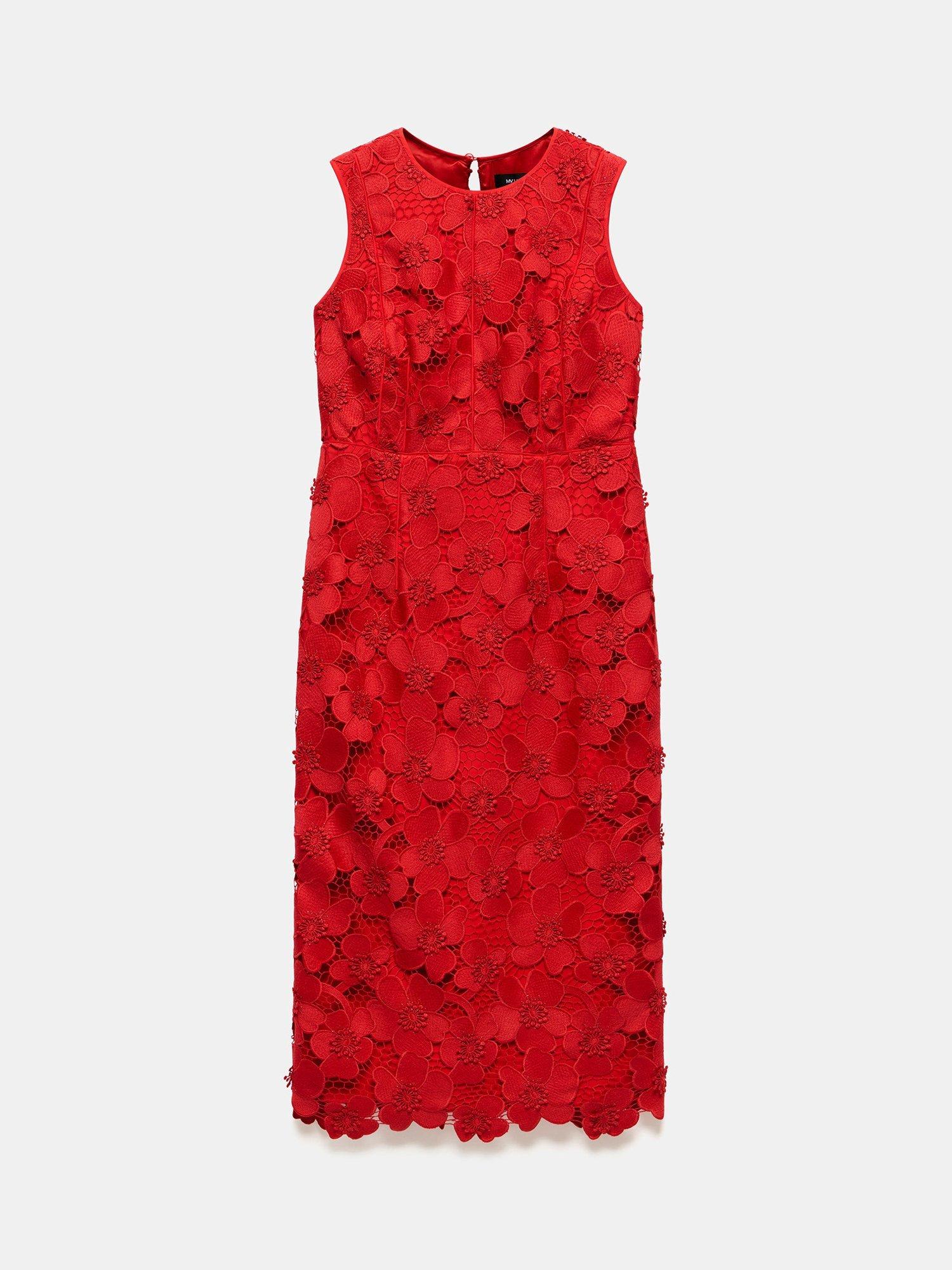 Product image 6 of 8, which shows Mint Velvet Floral Lace Midi Dress, Red, 12